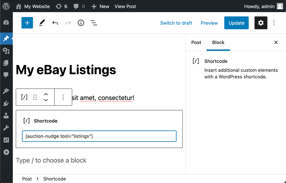 Using Shortcode Block